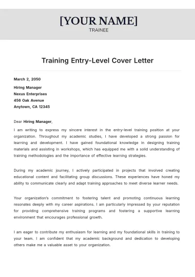 Free Training Entry Level Cover Letter to Edit Online