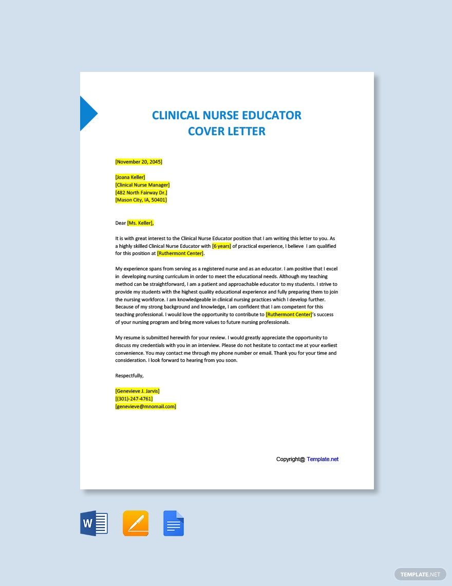 Clinical Nurse Educator Cover Letter in Word, Google Docs, Pages, PDF - Download | Template.net