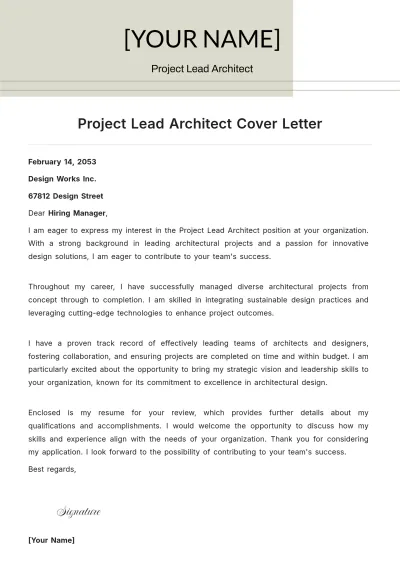Free Project Lead Architect Cover Letter to Edit Online