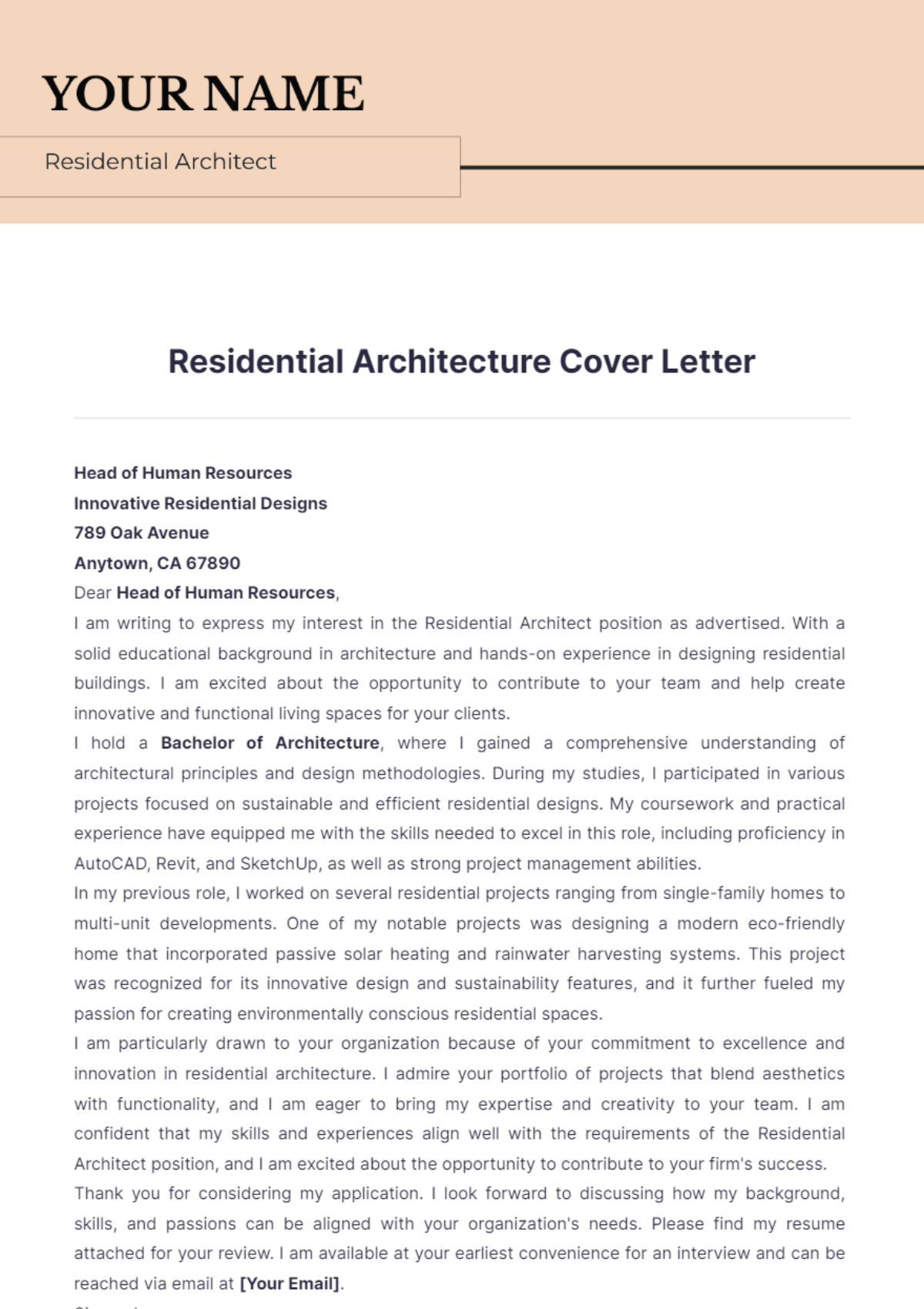 Residential Architecture Cover Letter