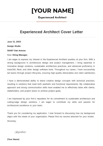 Free Experienced Architect Cover Letter to Edit Online