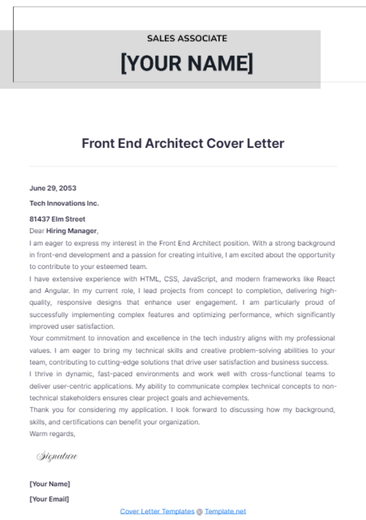 Front End Architect Cover Letter