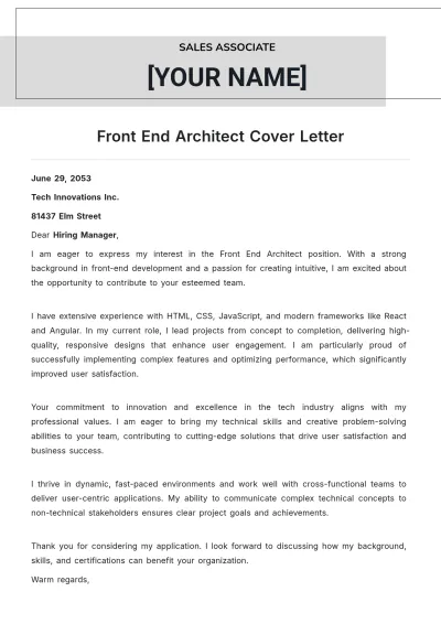 Free Front End Architect Cover Letter to Edit Online