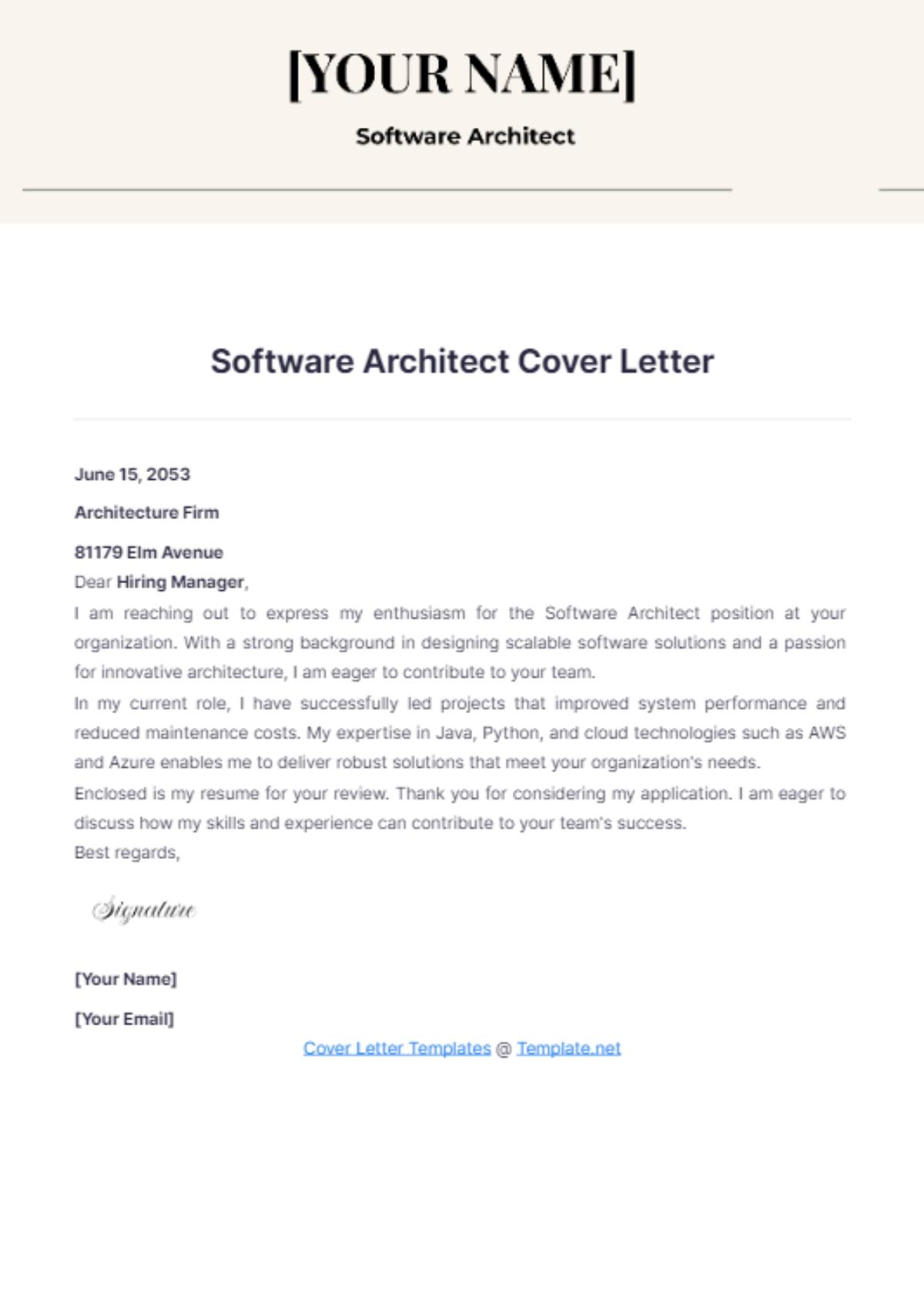 Software Architect Cover Letter