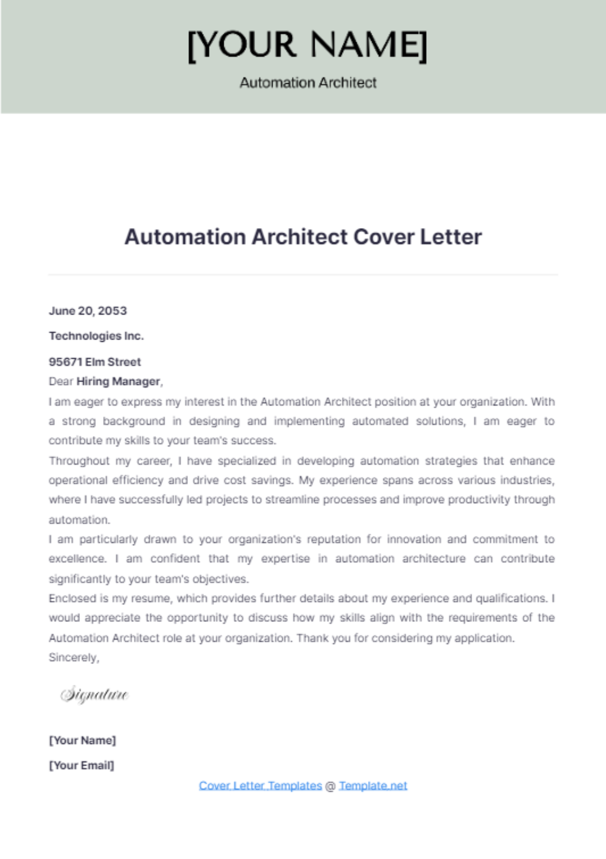 Automation Architect Cover Letter