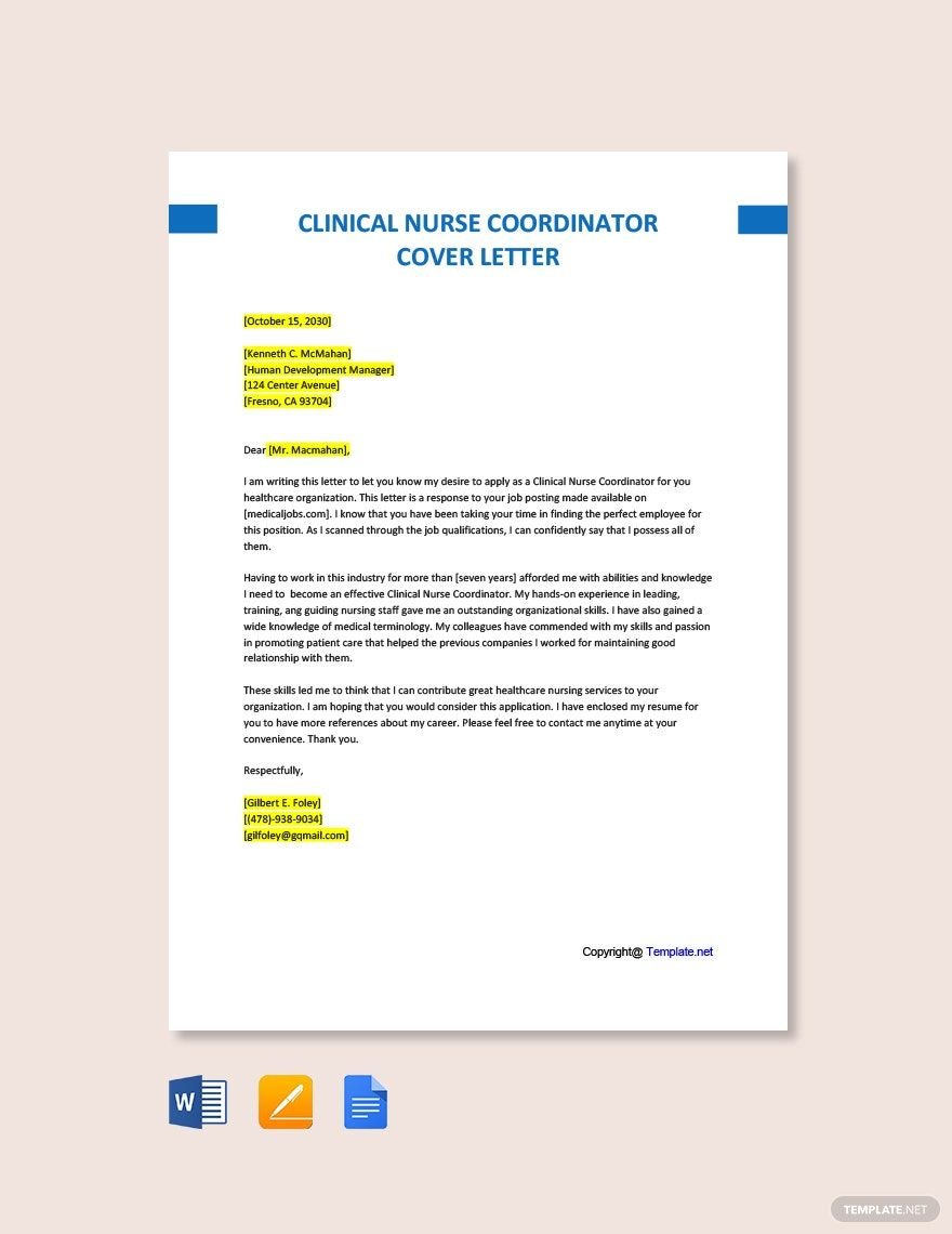 Free Clinical Nurse Coordinator Cover Letter Template
