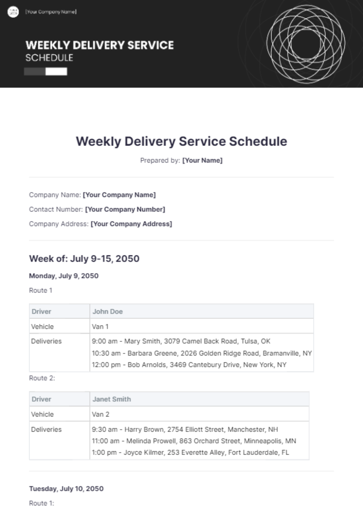 Weekly Delivery Service Schedule Template - Edit Online & Download