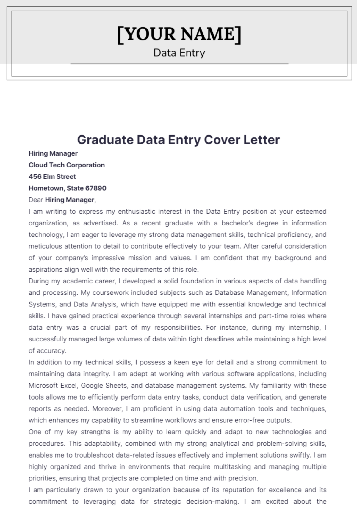 Graduate Data Entry Cover Letter