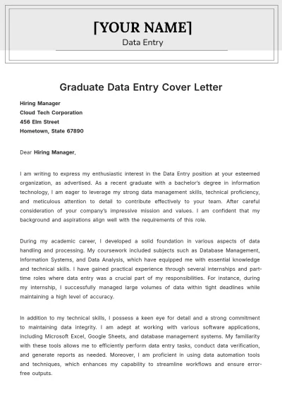 Free Graduate Data Entry Cover Letter to Edit Online