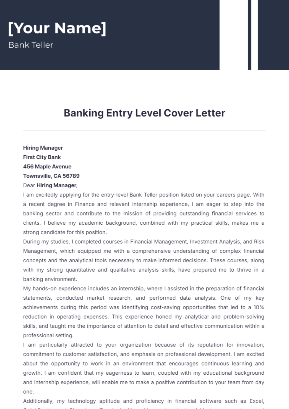 Free Banking Entry Level Cover Letter Template - Edit Online & Download ...