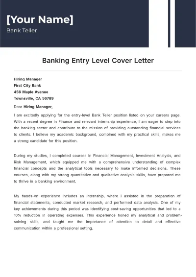 Free Banking Entry Level Cover Letter to Edit Online