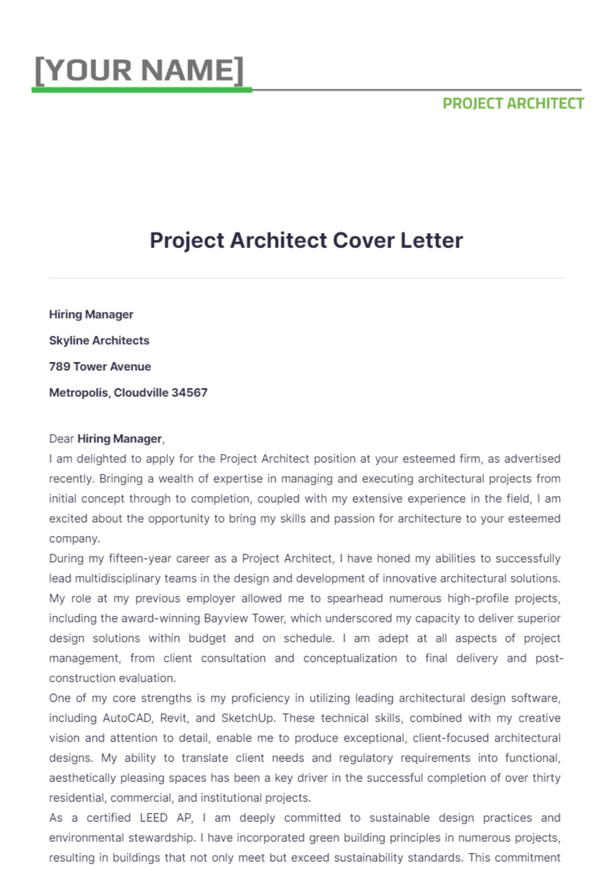 Project Architect Cover Letter - Edit Online & Download