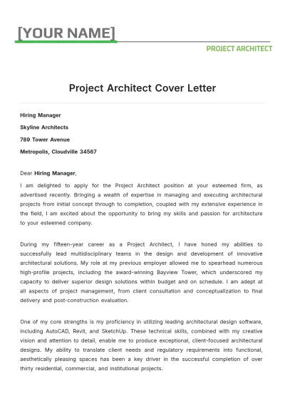 Free Project Architect Cover Letter to Edit Online
