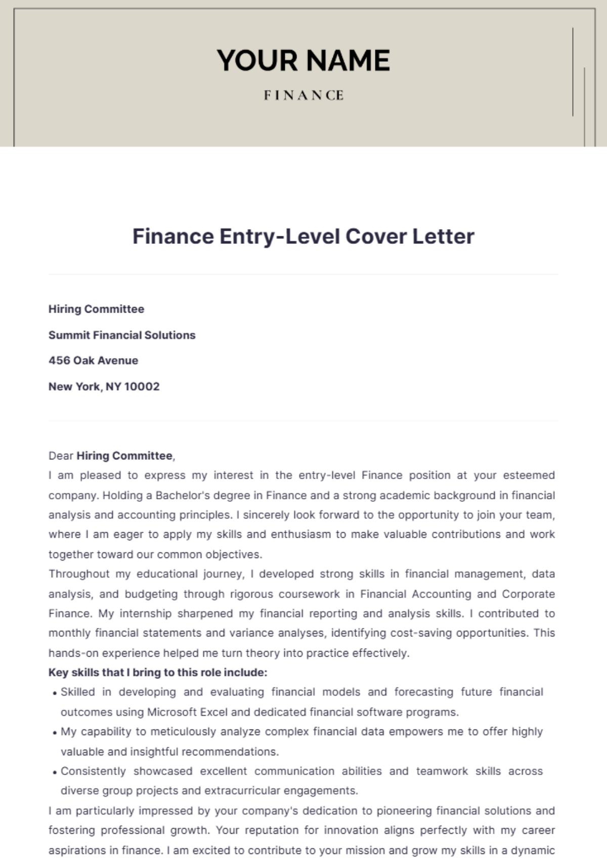 Finance Entry Level Cover Letter - Edit Online & Download