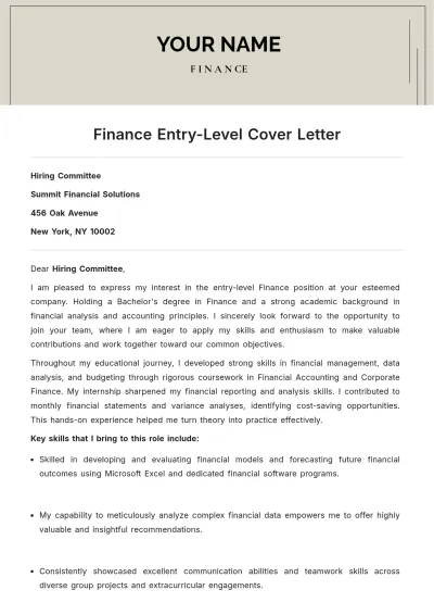 Free Finance Entry Level Cover Letter to Edit Online