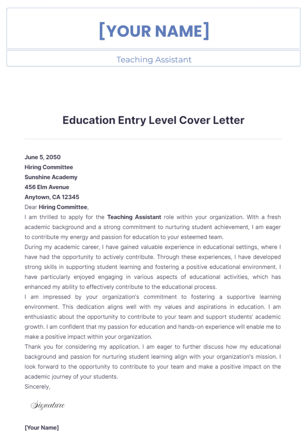 Education Entry Level Cover Letter - Edit Online & Download