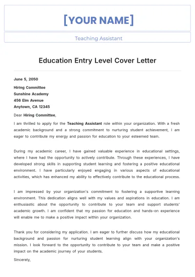 Free Education Entry Level Cover Letter to Edit Online