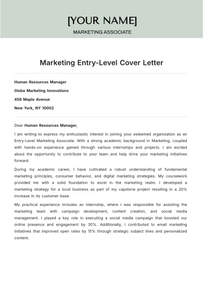 Free Marketing Entry Level Cover Letter to Edit Online
