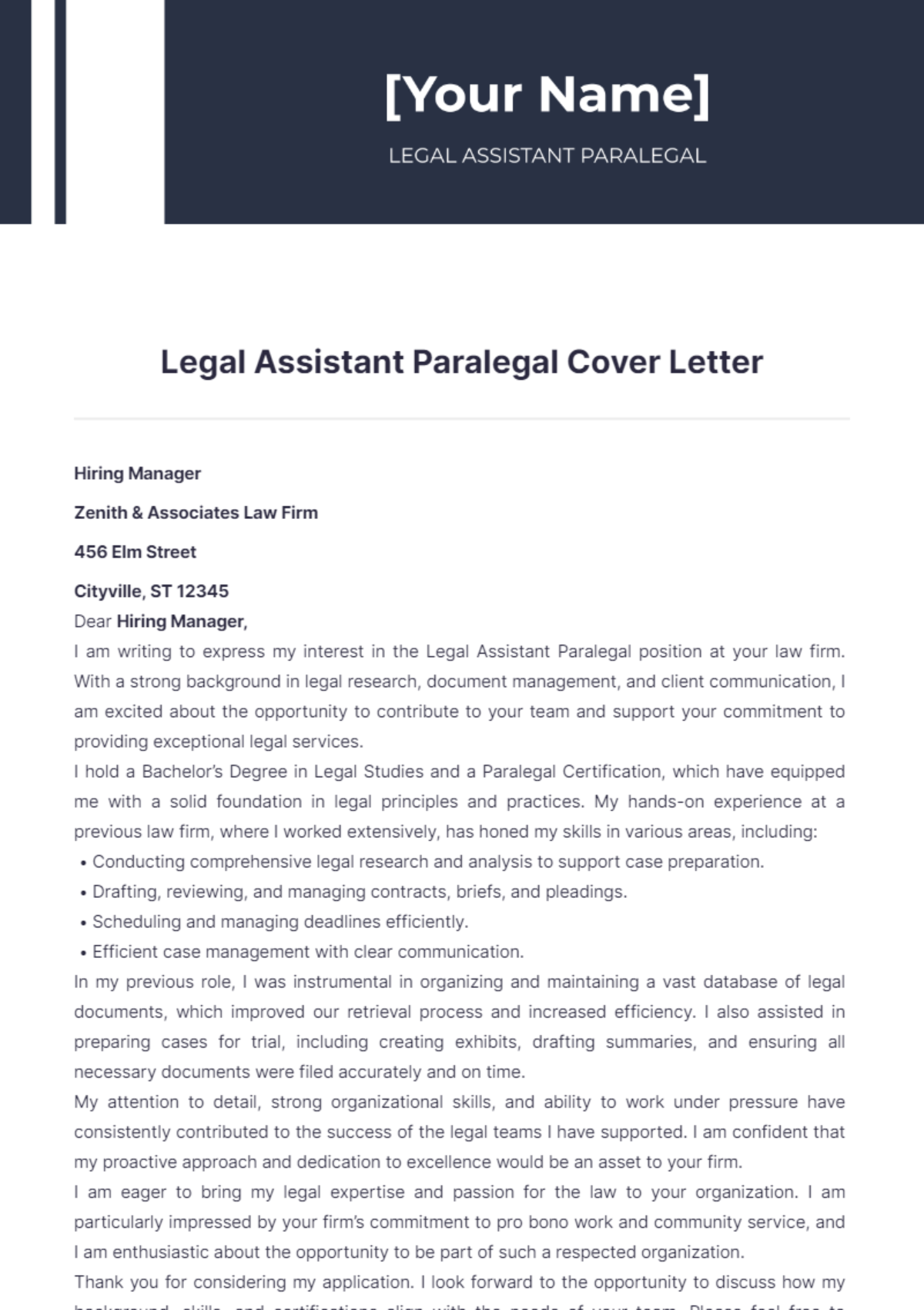 Legal Assistant Paralegal Cover Letter - Edit Online & Download