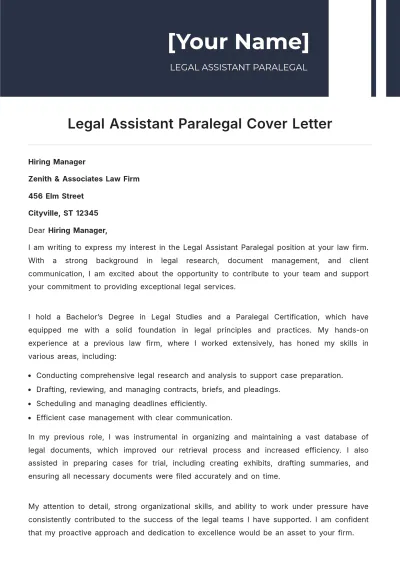 Free Legal Assistant Paralegal Cover Letter to Edit Online