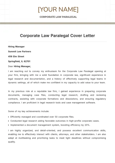 Free Corporate Law Paralegal Cover Letter to Edit Online