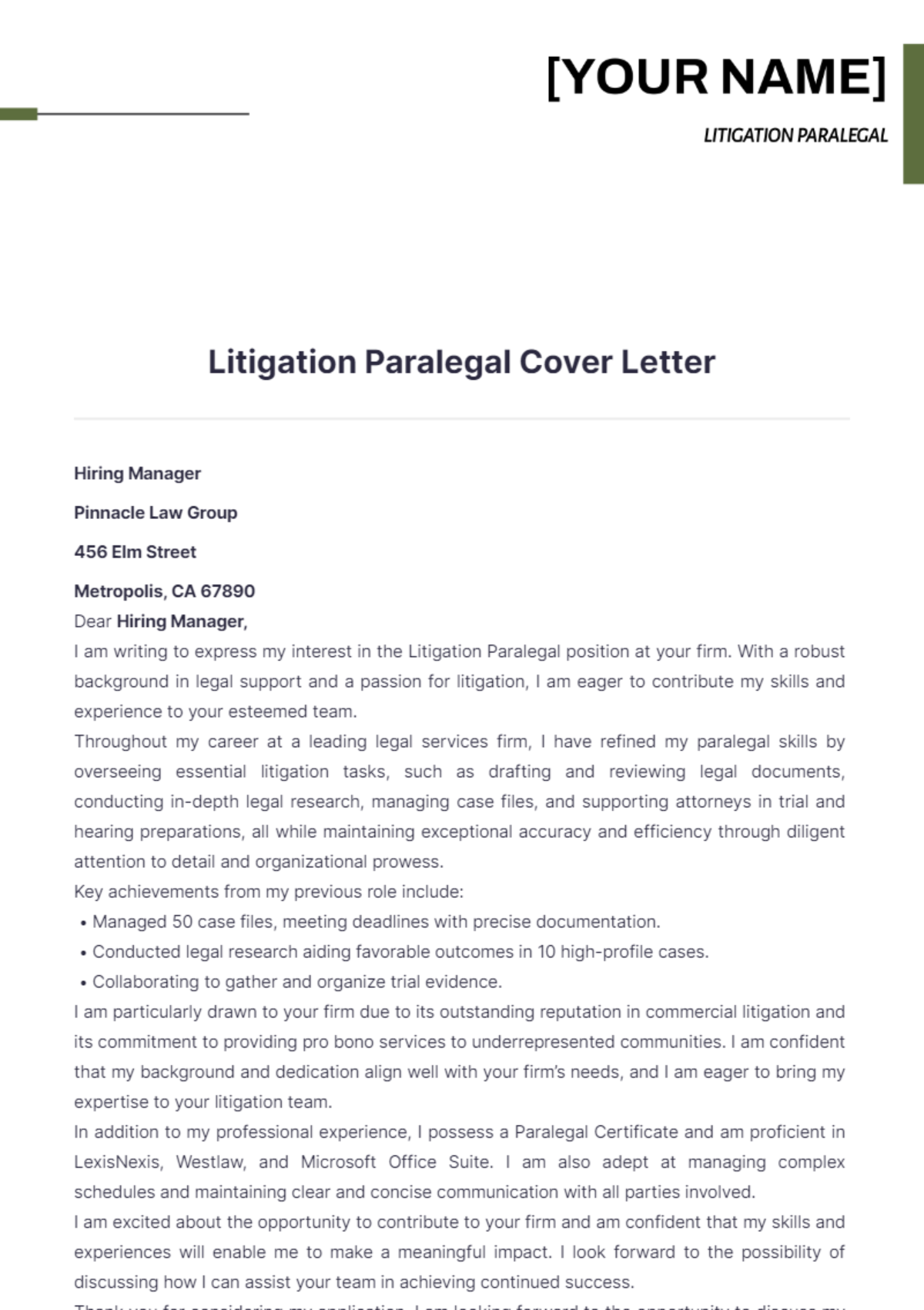 Litigation Paralegal Cover Letter - Edit Online & Download