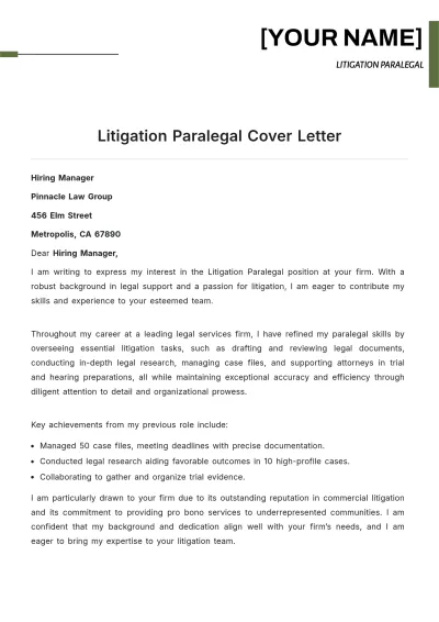 Free Litigation Paralegal Cover Letter to Edit Online
