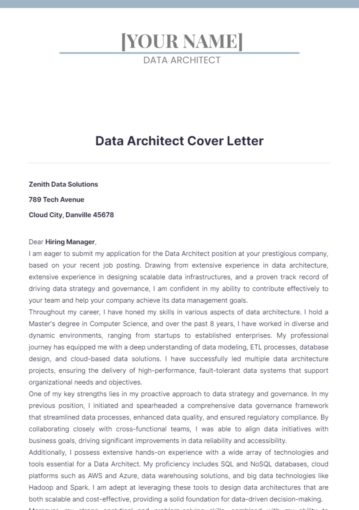 Data Architect Cover Letter