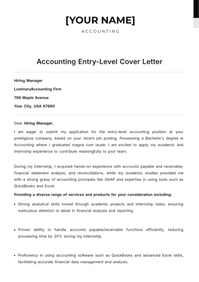 Free Accounting Entry Level Cover Letter to Edit Online