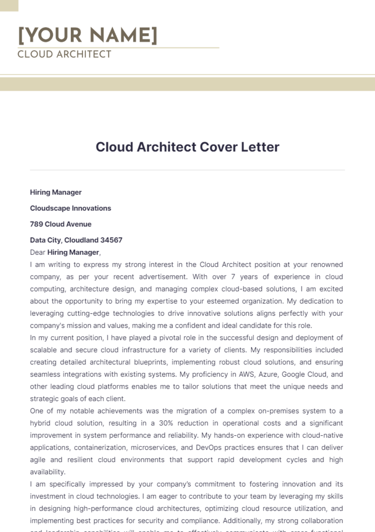 Cloud Architect Cover Letter