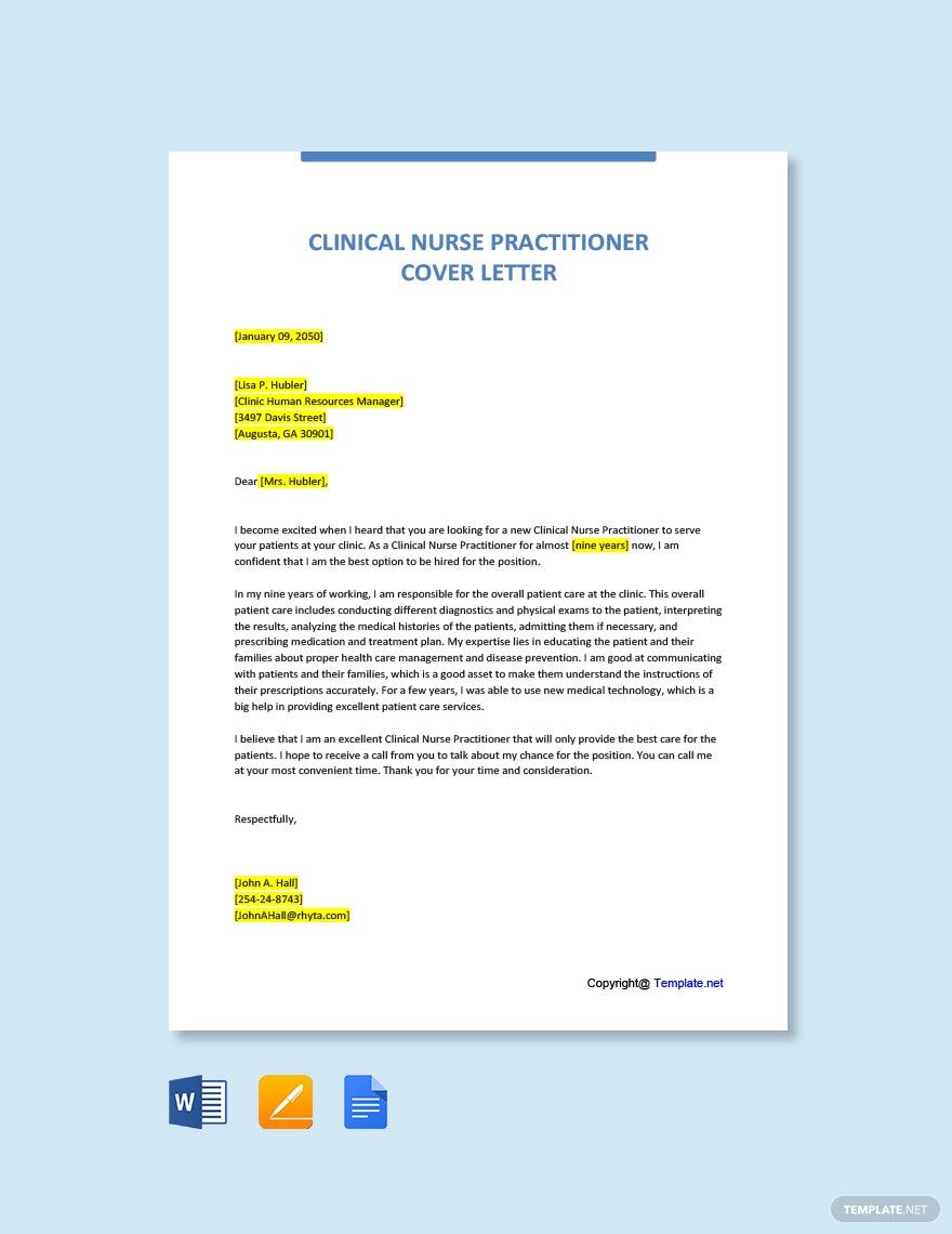 Clinical Nurse Practitioner Cover Letter in Word, Google Docs, Pages, PDF - Download | Template.net