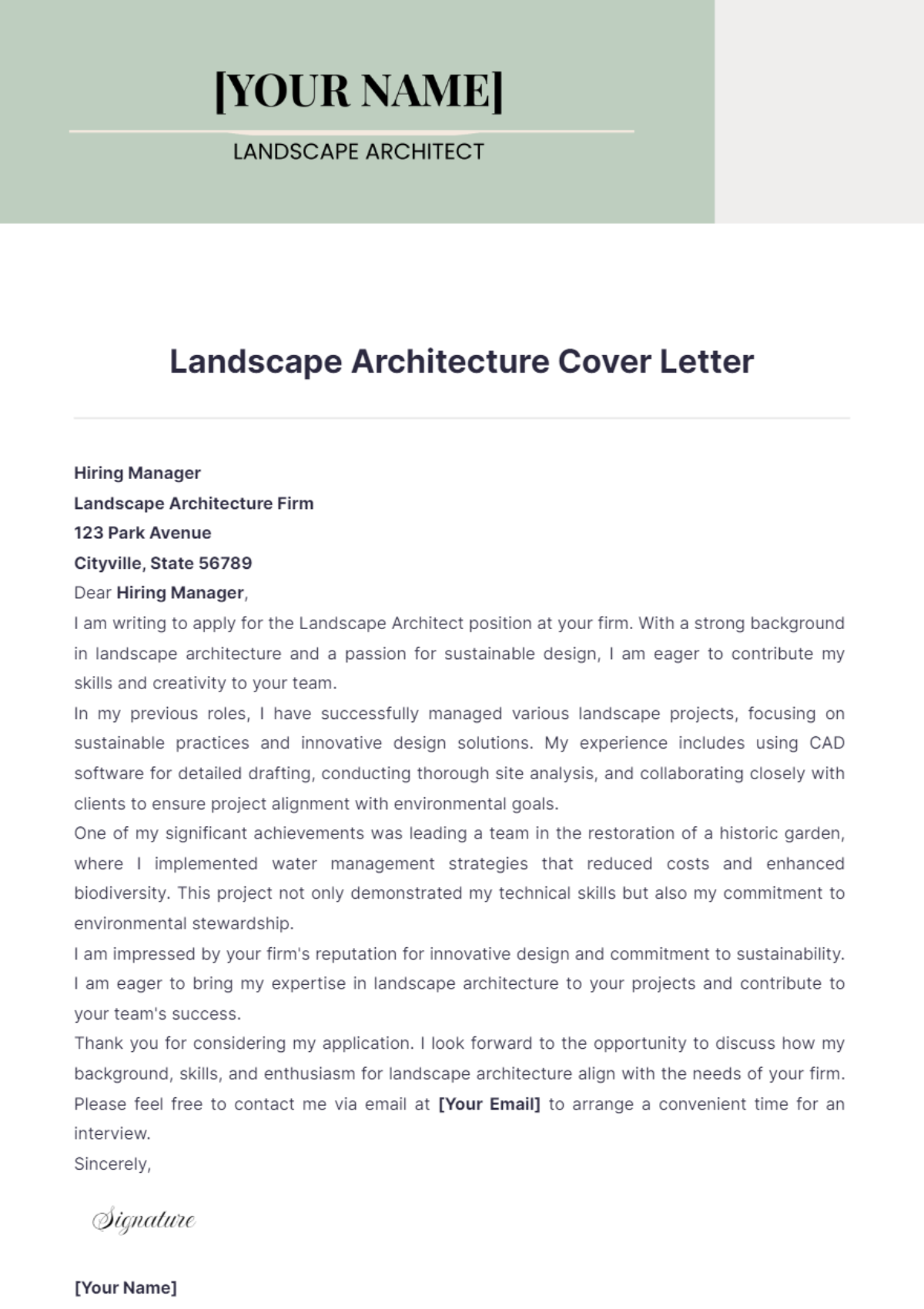 Landscape Architecture Cover Letter