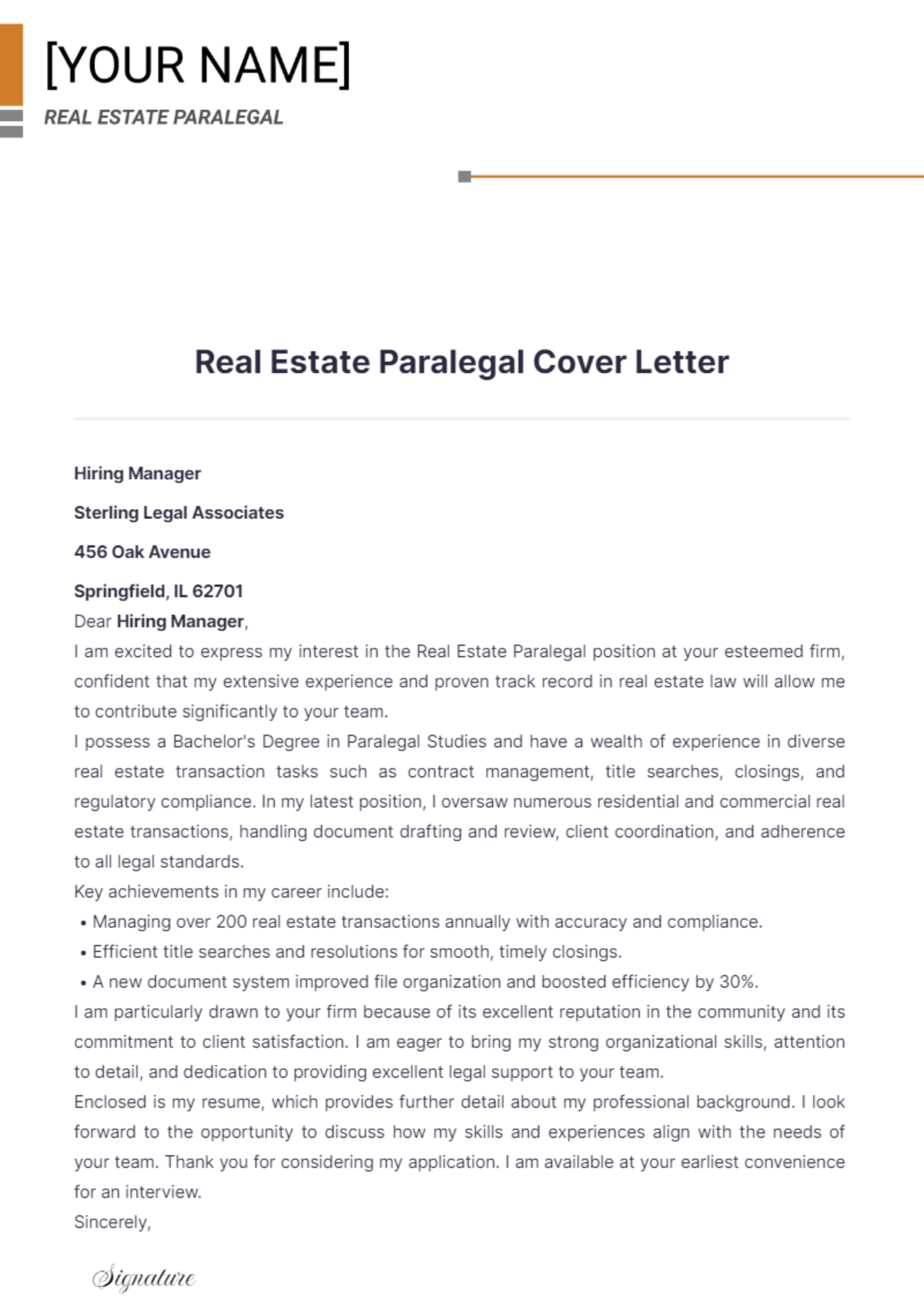 Real Estate Paralegal Cover Letter - Edit Online & Download