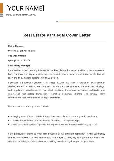 Free Real Estate Paralegal Cover Letter to Edit Online