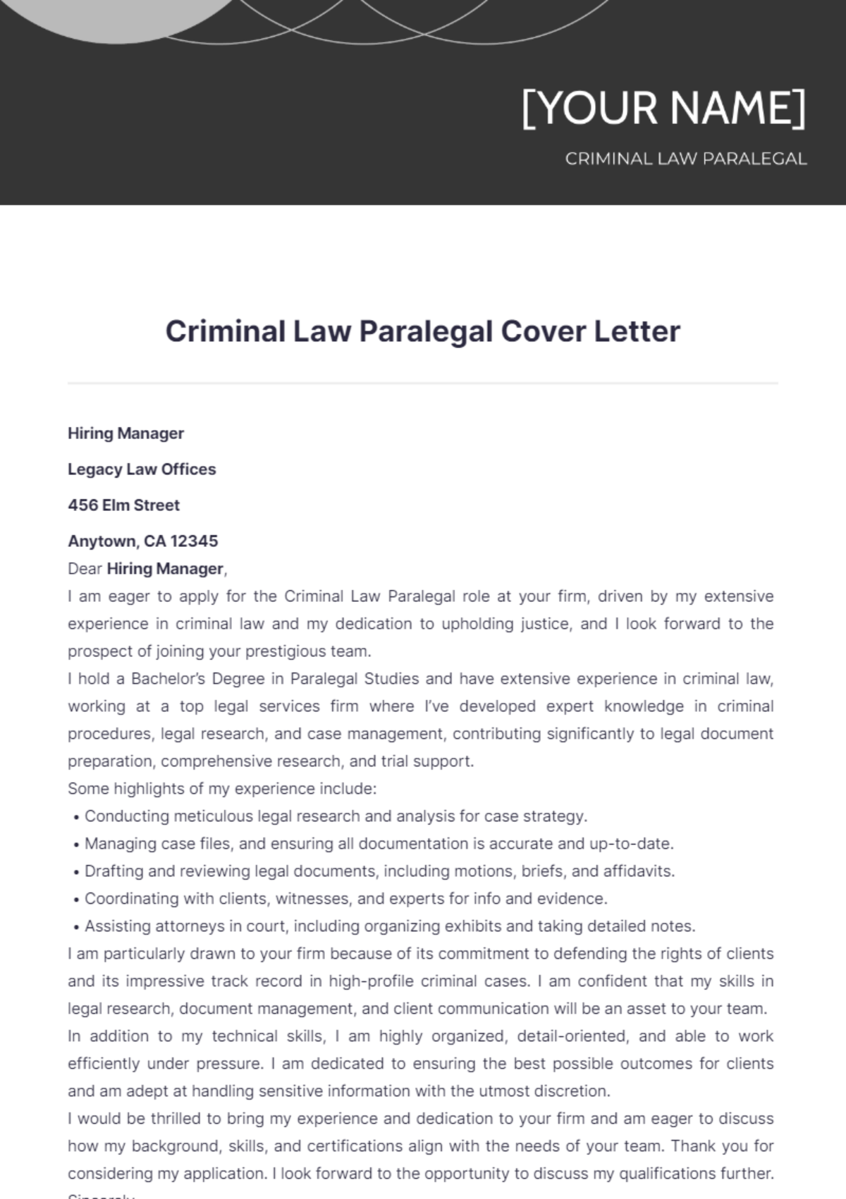 criminal law paralegal cover letter