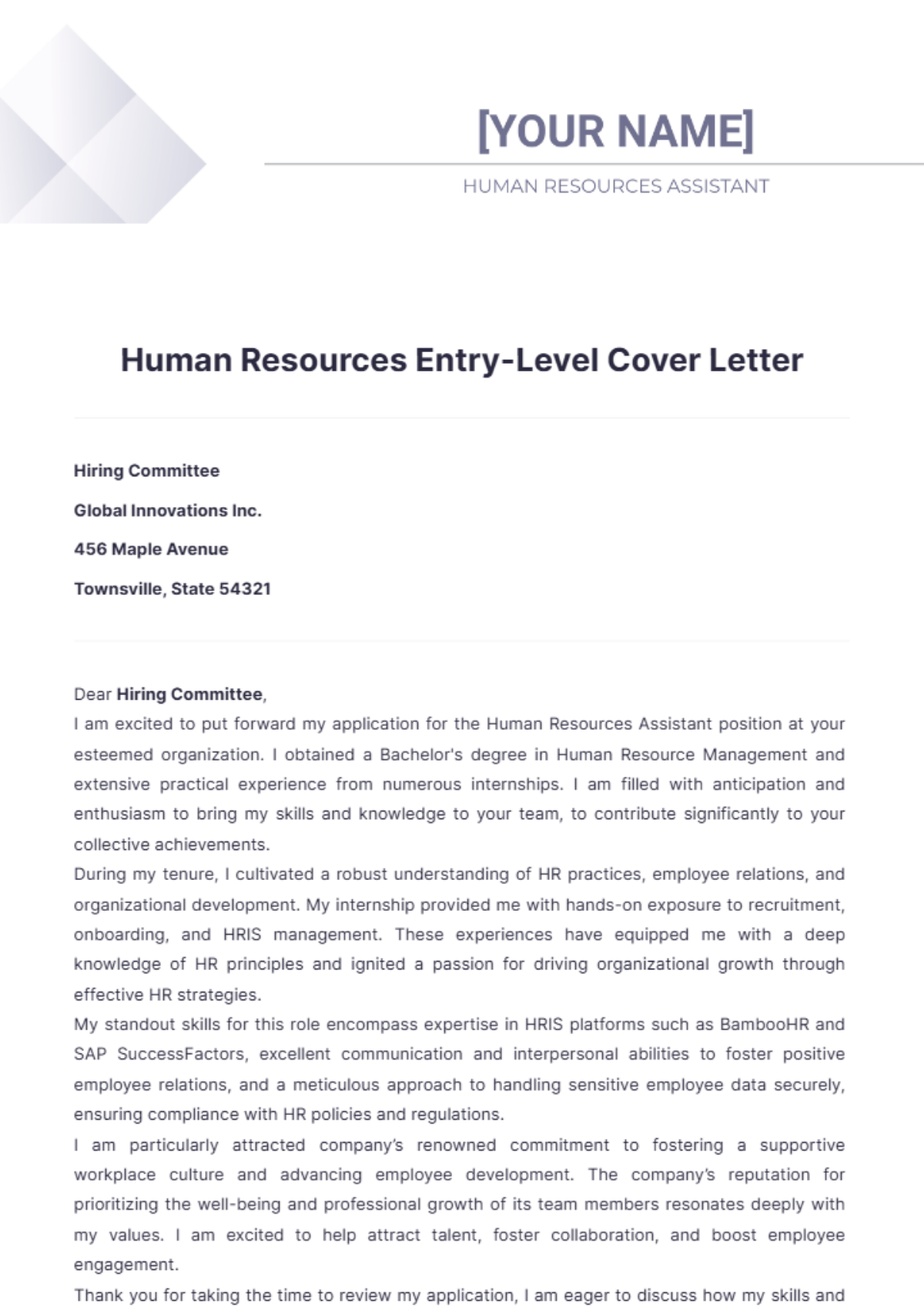 Human Resources Entry Level Cover Letter - Edit Online & Download