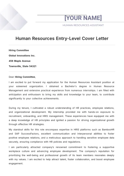 Free Human Resources Entry Level Cover Letter to Edit Online