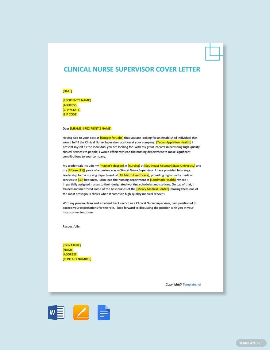 Free Clinical Nurse Supervisor Cover Letter Template