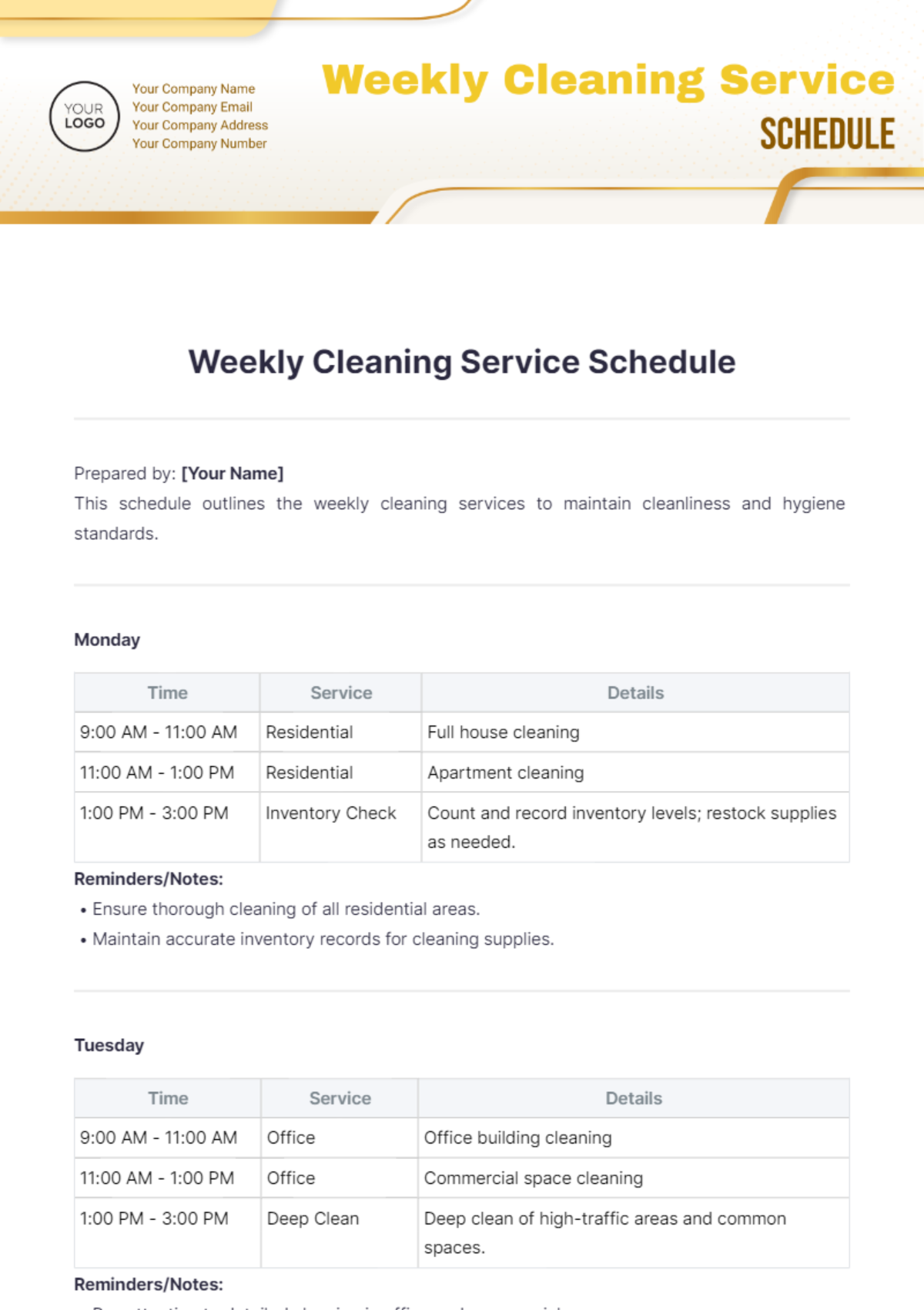 Weekly Cleaning Service Schedule Template - Edit Online & Download