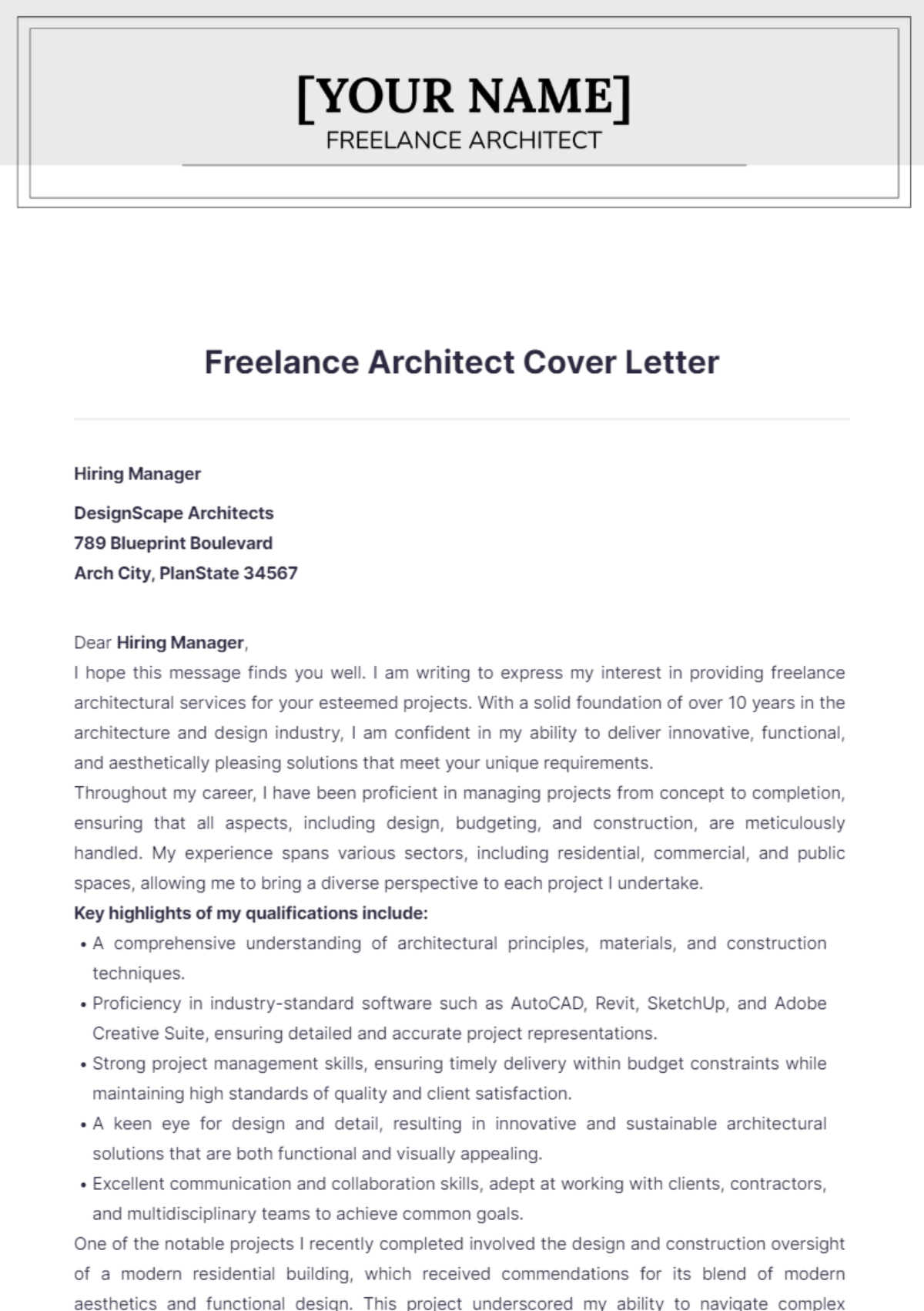 Freelance Architect Cover Letter - Edit Online & Download