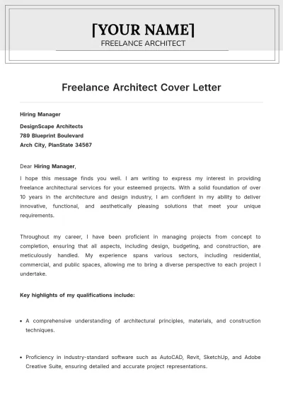 Free Freelance Architect Cover Letter to Edit Online
