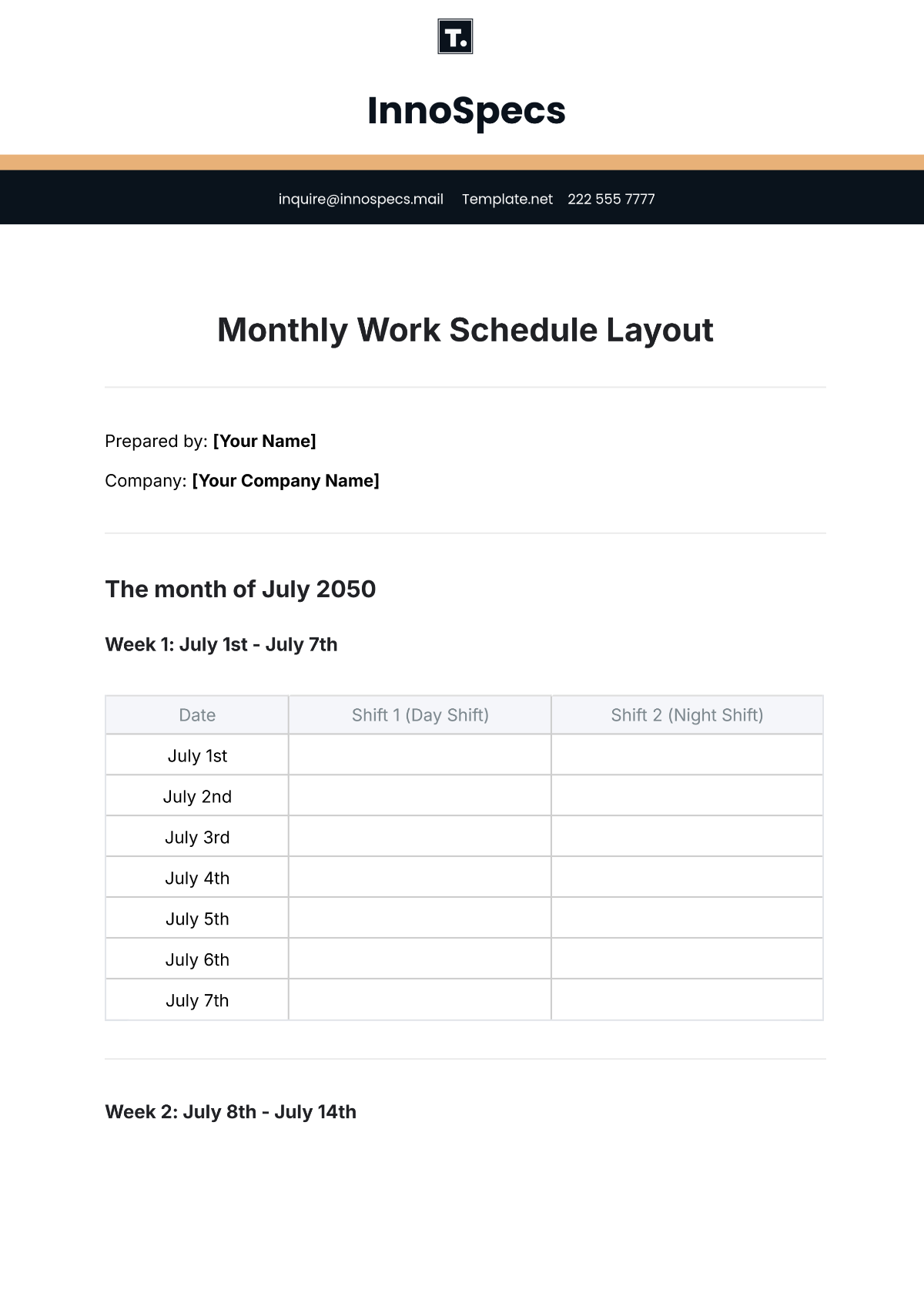 Free Monthly Work Schedule Layout Template