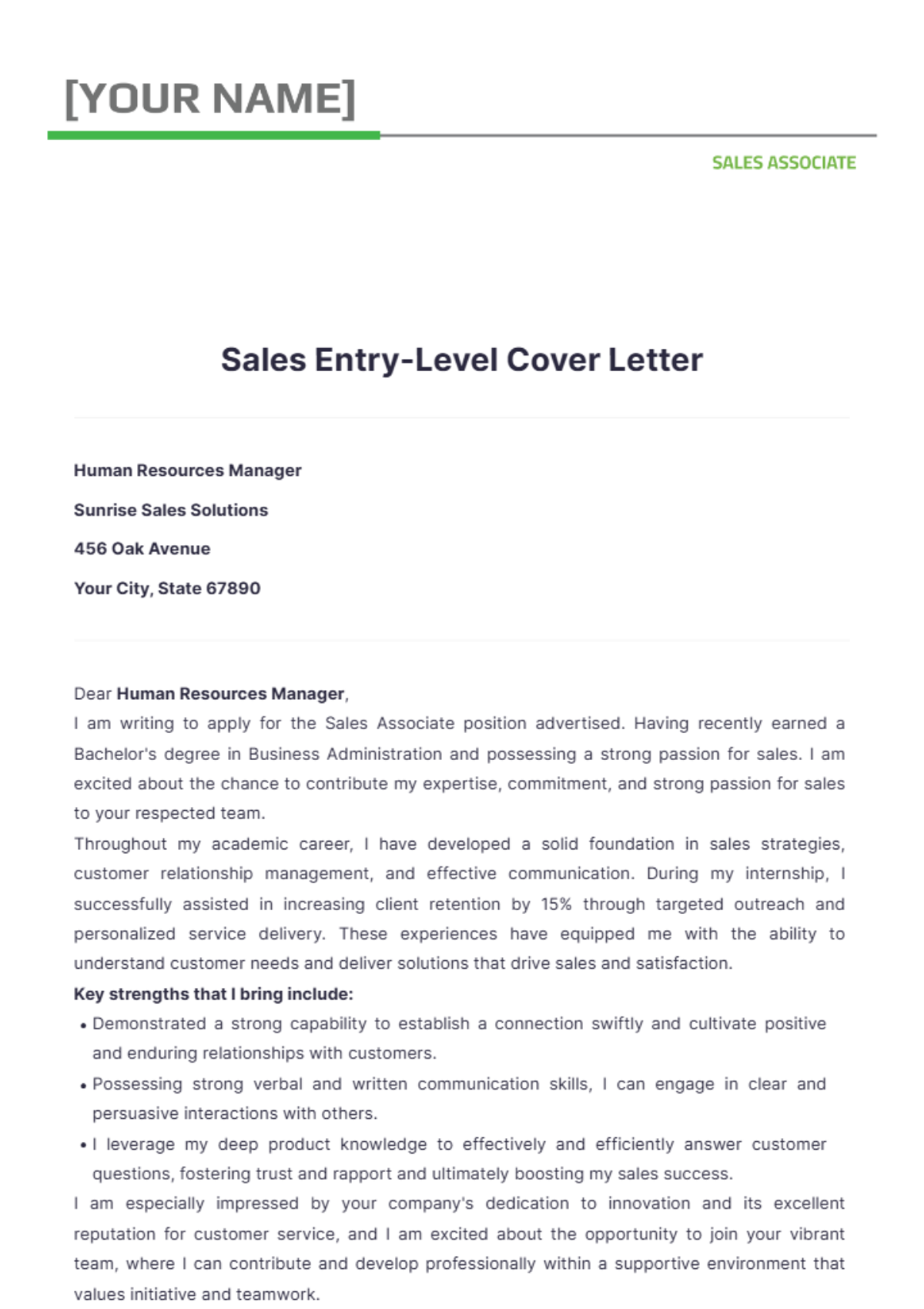 Sales Entry Level Cover Letter - Edit Online & Download