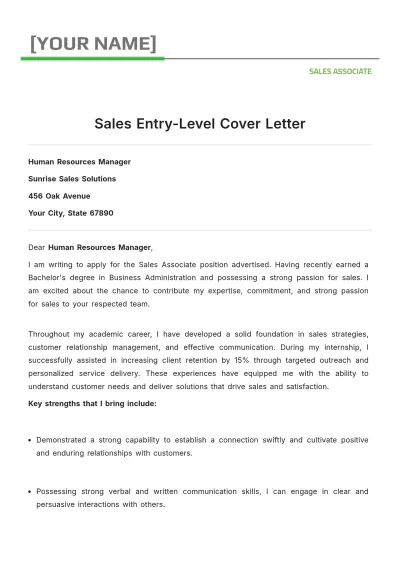 Free Sales Entry Level Cover Letter to Edit Online