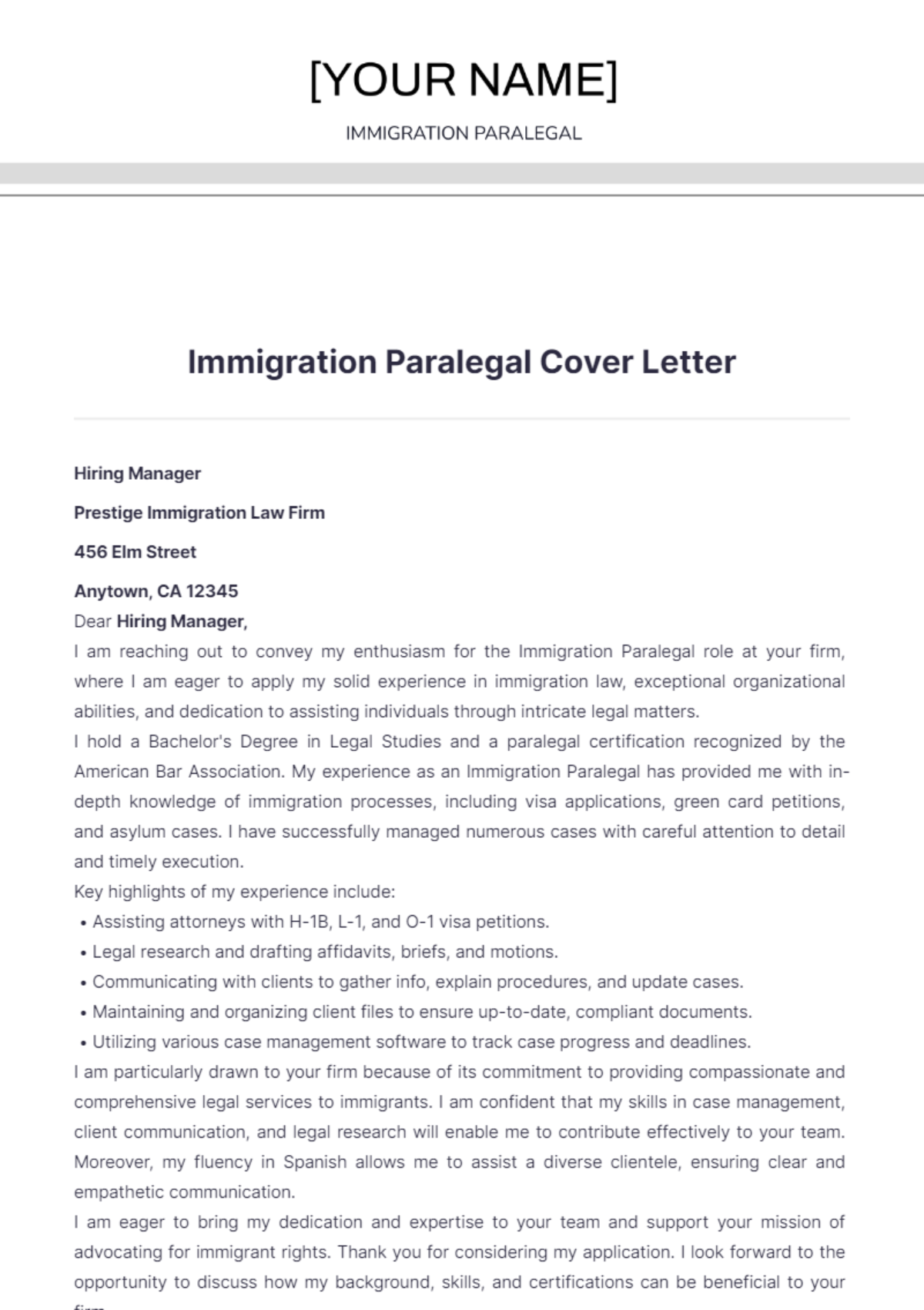 Immigration Paralegal Cover Letter - Edit Online & Download