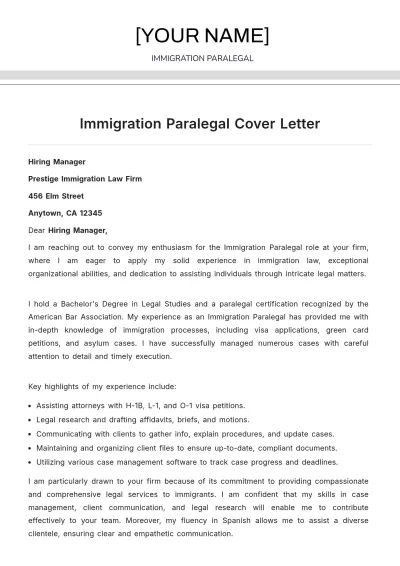Free Immigration Paralegal Cover Letter to Edit Online