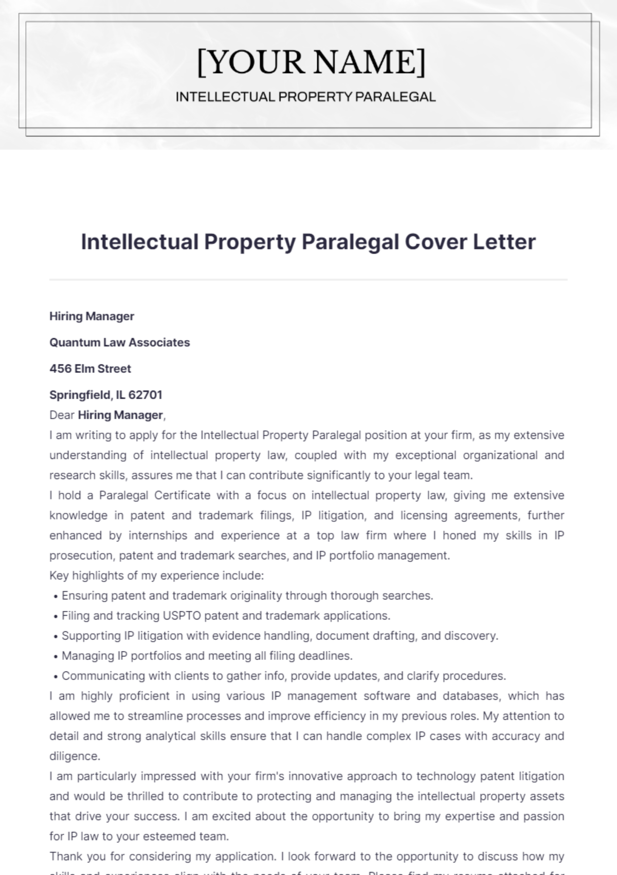 Intellectual Property Paralegal Cover Letter - Edit Online & Download