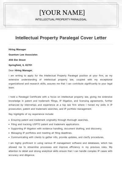 Free Intellectual Property Paralegal Cover Letter to Edit Online