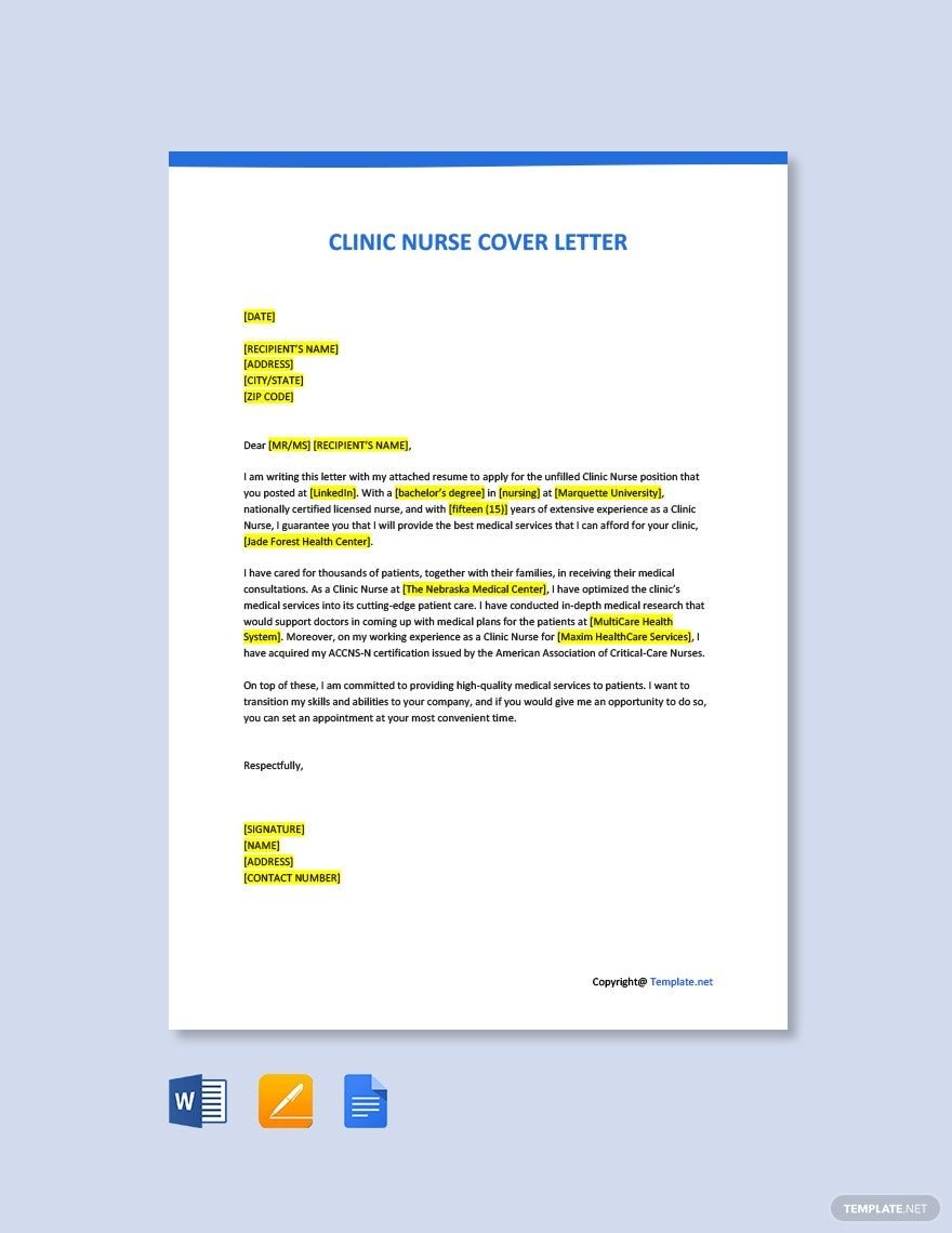 Free Clinic Nurse Cover Letter Template