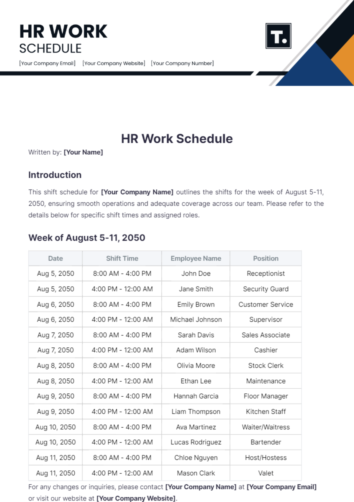 HR Work Schedule Template - Edit Online & Download